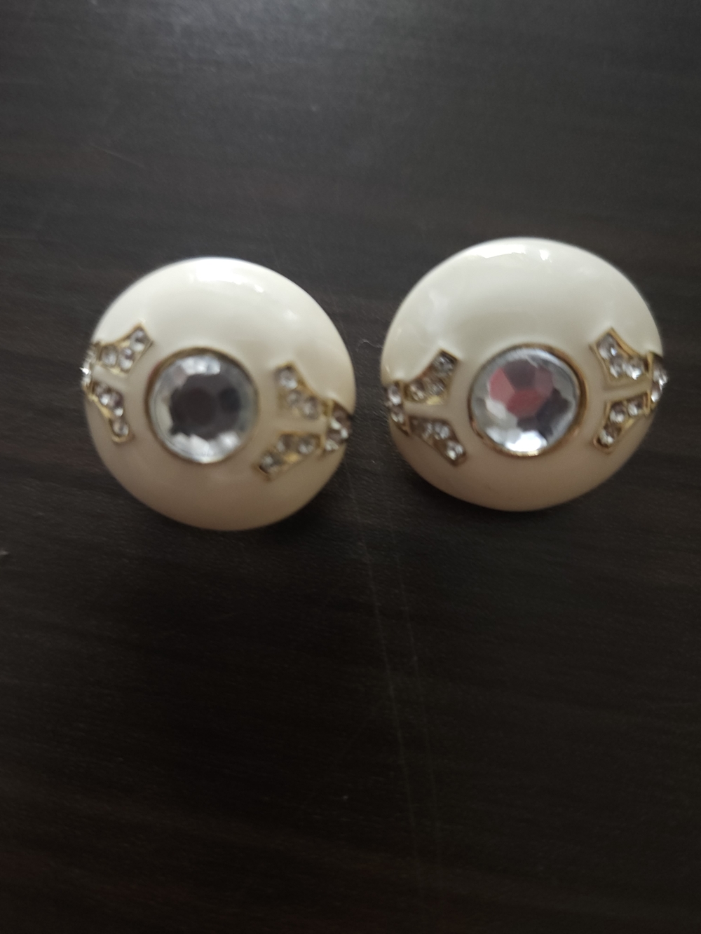 Cream Round Clip-On Earrings with Clear Crystal Accents